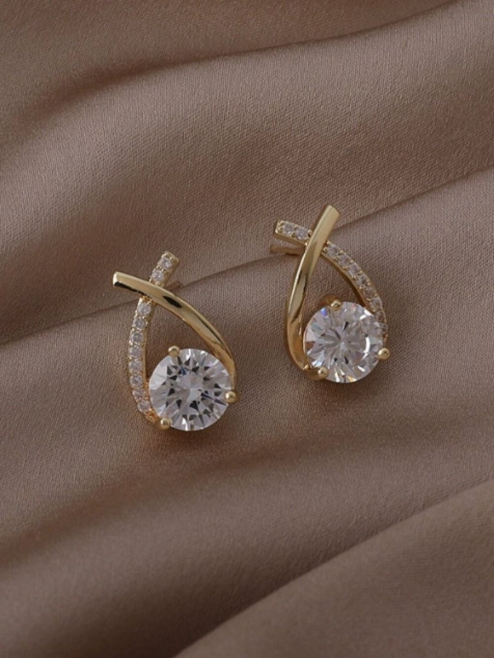 Gold Tone Crossover Crystal Stud Earrings